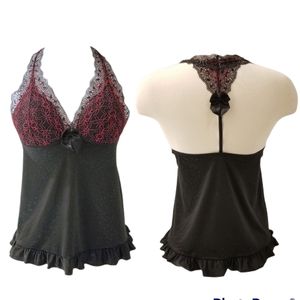 Larissa Black and Red Satin & Lace Halter T-Back Pajama Top Sz M